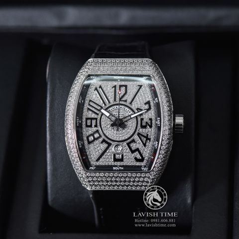 Đồng Hồ Franck Muller Vanguard Yachting V45 Rep 1:1 Chế Tác Vỏ Bạc Đính Đá Mặt Bạc Đính Đá Dây Da