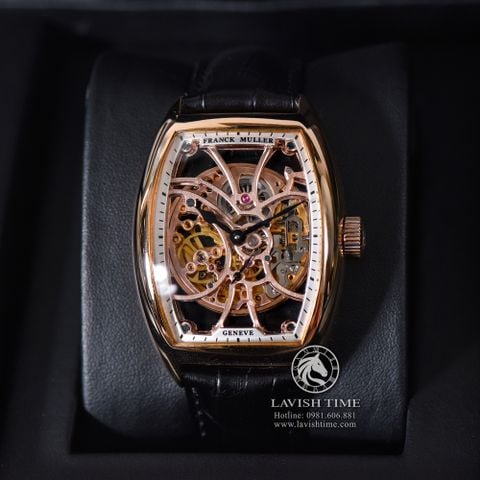 Đồng Hồ Franck Muller Cintrée Curvex 8880 B S6 SQT Rep 1:1 Chế Tác Vỏ Vàng Hồng Mặt Skeleton Lộ Cơ Dây Da