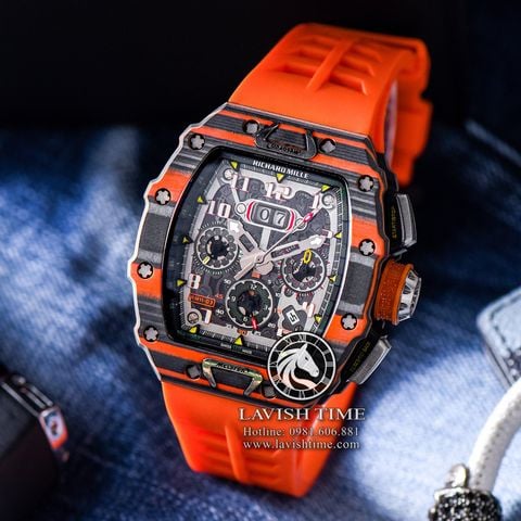 Đồng Hồ Richard Mille Automatic Flyback Chronograph RM 11-03 McLaren Rep 1:1 Cao Cấp Vỏ Carbon Mặt Skeleton Lộ Cơ Dây Cao Su