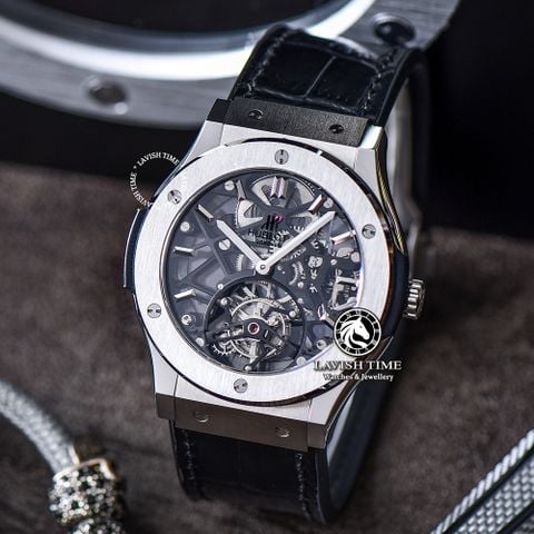 Đồng Hồ Hublot Classic Fusion Tourbillon 45mm Rep 1:1 Chế Tác Vỏ Bạc Mặt Số Skeleton Dây Da 505.NX.0170.LR