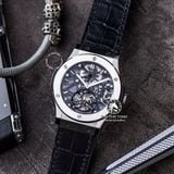 Đồng Hồ Hublot Classic Fusion Tourbillon 45mm Rep 1:1 Chế Tác Vỏ Bạc Mặt Số Skeleton Dây Da 505.NX.0170.LR