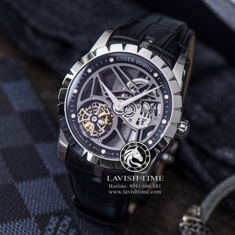 Đồng Hồ Roger Dubuis Excalibur Skeleton Flying Tourbillon RDDBEX0393 Rep 1:1 Chế Tác Vỏ Bạc Mặt Skeleton Lộ Cơ Dây Da