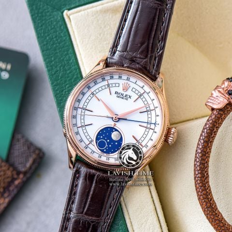 Đồng Hồ Rolex Cellini Moonphase 39mm 50535-0002 Rep 1:1 Chế Tác Vỏ Vàng Hồng Mặt Trắng Cọc Số Vạch Dây Da