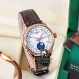 Đồng Hồ Rolex Cellini Moonphase 39mm 50535-0002 Rep 1:1 Chế Tác Vỏ Vàng Hồng Mặt Trắng Cọc Số Vạch Dây Da
