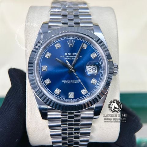 Đồng Hồ Rolex Datejust 41mm 126334-0016 Rep 1:1 Chế Tác Vỏ Bạc Mặt Xanh Dương Cọc Số Độ Kim Cương Thiên Nhiên Chân Vàng 18K Dây Kim Loại Jubilee