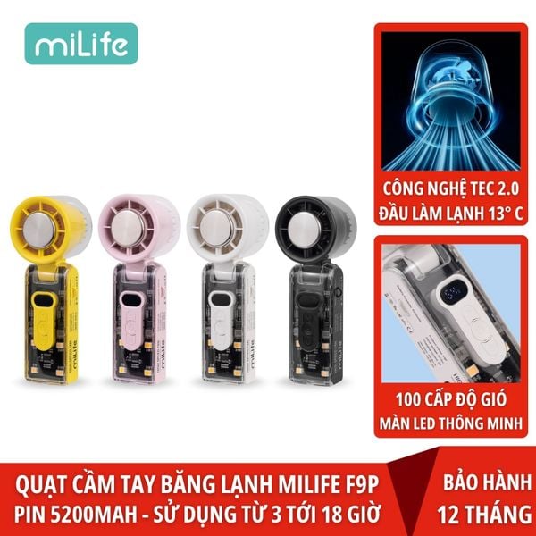  Quạt sò lạnh cầm tay miLife F9P pin 5200mAh trong suốt - Có dây đeo cổ gập được, 100 cấp độ gió 