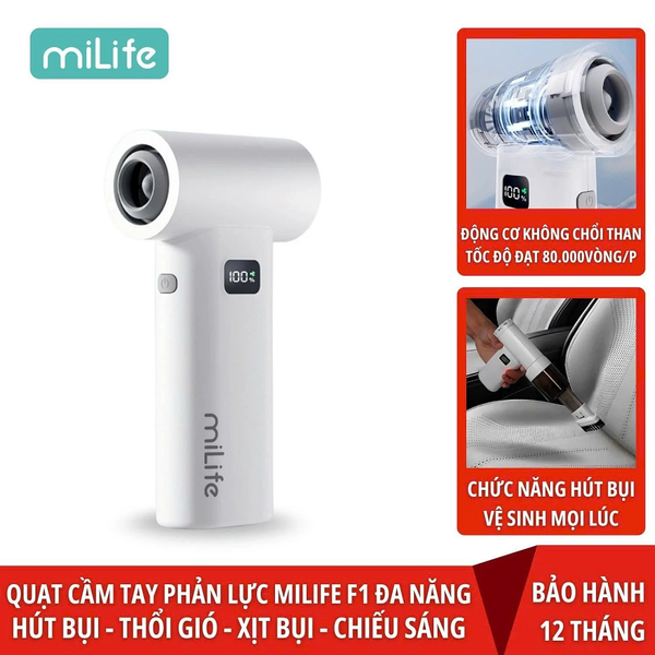 Quạt phản lực cầm tay đa năng miLife F1 pin 5000mAh - Tích hợp đầu hút có thể làm máy hút bụi đa năng 