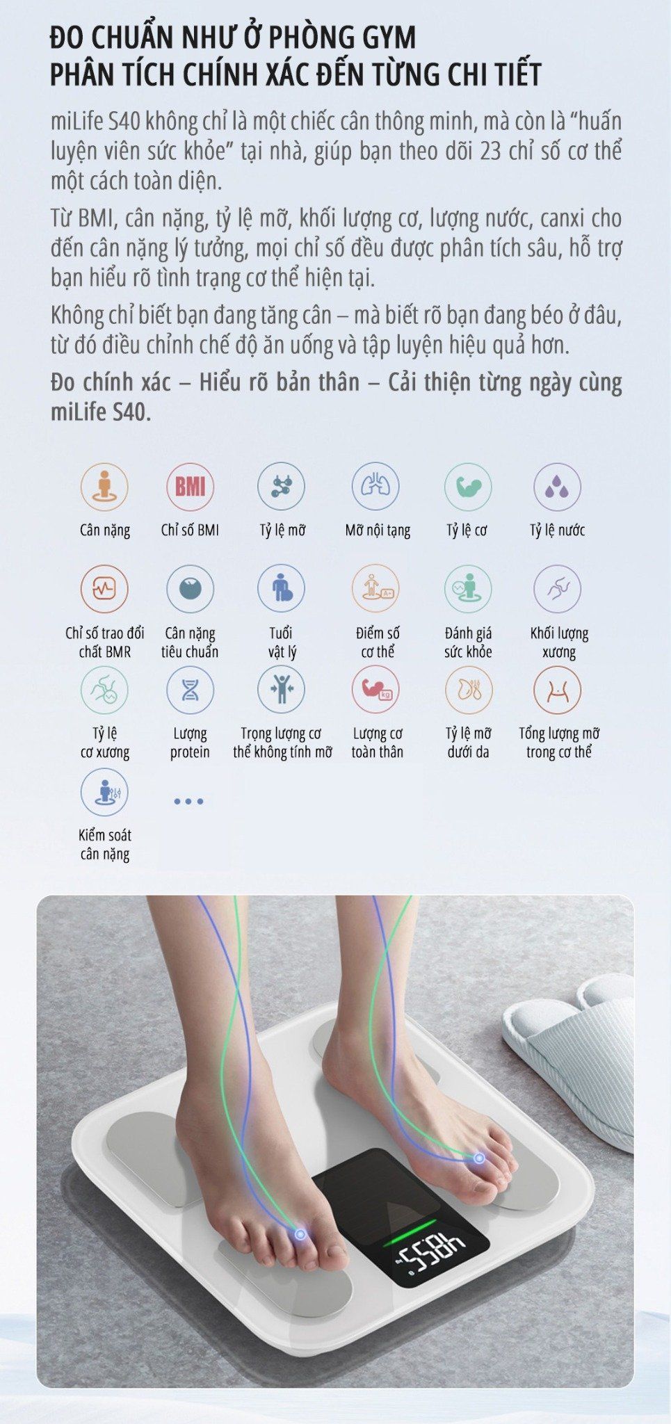  Cân body fat thông minh miLife S40 đo 23 chỉ số sức khỏe 