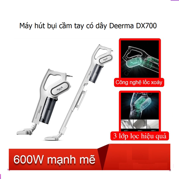  Máy hút bụi cầm tay có dây Deerma Vacuum Cleaner DX700 - Lực hút mạnh 16000Pa bảo hành 12 tháng 