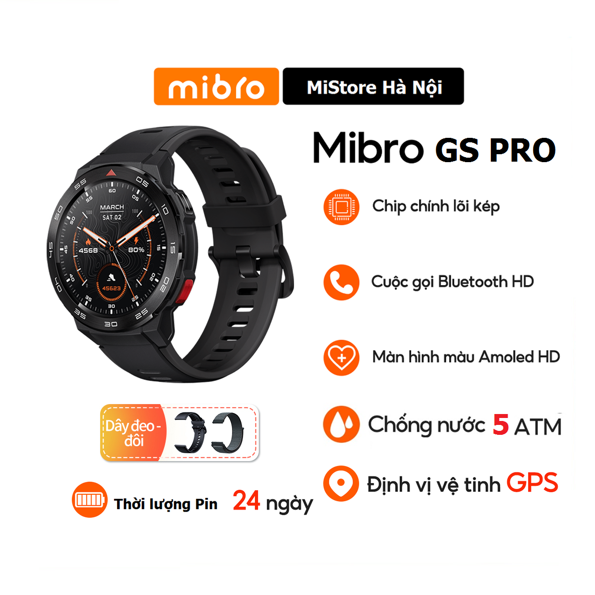 Đồng hồ thông minh đi bơi thể thao nghe gọi Mibro GS Pro - Màn hình Amoled HD GPS tập luyện kháng nước 5ATM 