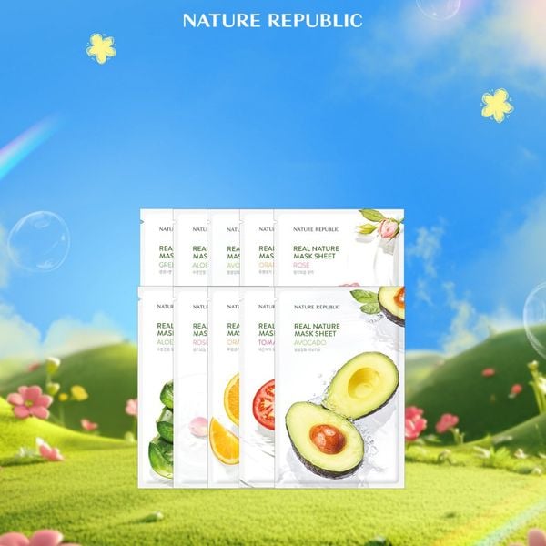  Combo mix ngẫu nhiên 10 mặt nạ Nature Republic hỗ trợ cấp ẩm, làm dịu, phục hồi và đều màu da Real Nature 23ml 