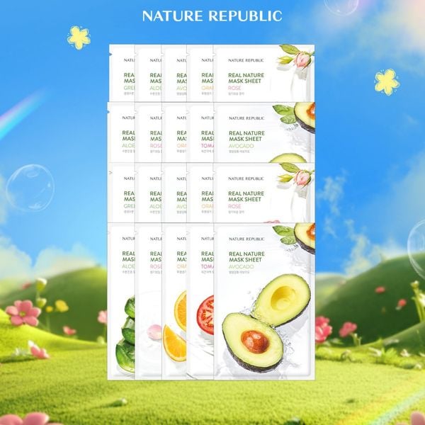 Combo mix ngẫu nhiên 20 mặt nạ Nature Republic hỗ trợ cấp ẩm, làm dịu, phục hồi và đều màu da Real Nature 23ml 