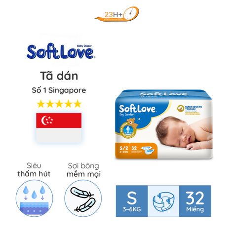 Bỉm TÃ Dán Cho Bé Softlove Size S32 23h.shop Nhập Khẩu Singapore Thiết Kế 2 Lớp Chống Tràn Siêu Mỏng Thấm Hút Tốt