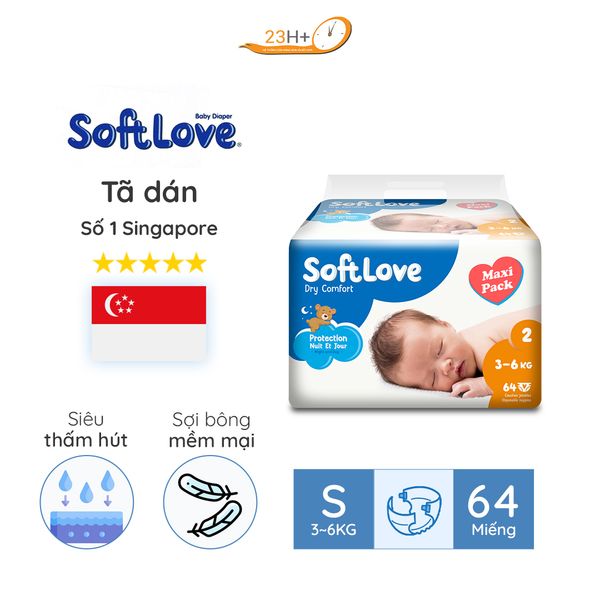 Bỉm TÃ Dán Cho Bé Softlove Size S64 23h.shop Nhập Khẩu Singapore Thiết Kế 2 Lớp Chống Tràn Siêu Mỏng Thấm Hút Tốt