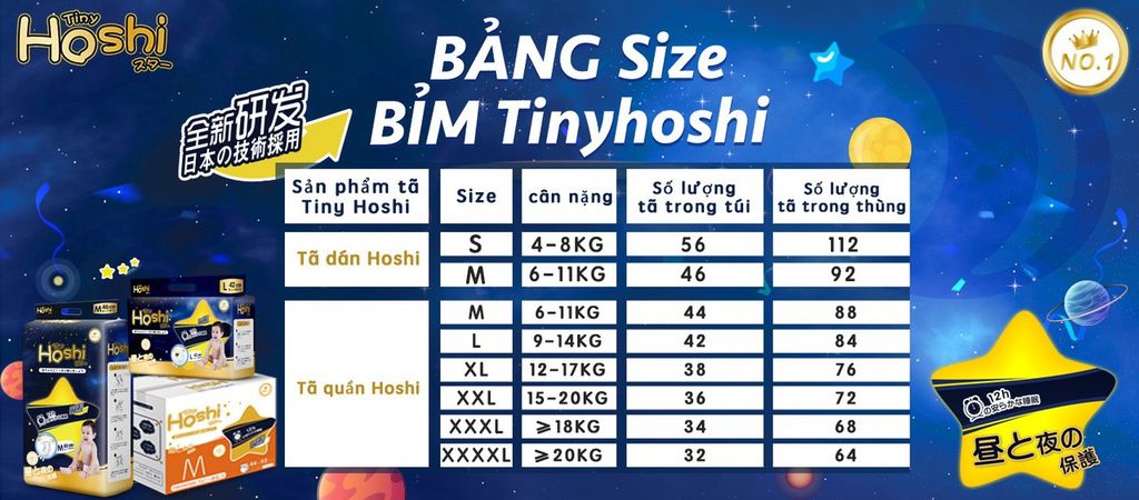 Bỉm TÃ Quần Cho Bé Tiny Hoshi 23h.shop Size XXL36 Thiết Kế 2 Lớp Chống Tràn Siêu Mỏng Thấm Hút Tốt