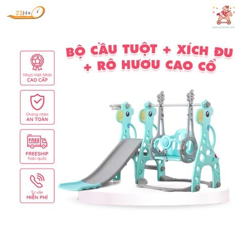 Bộ Cầu Tuột + Xích Đu + Rổ Hưu Cao Cổ - Nhựa Việt Nhật (Màu Xanh)