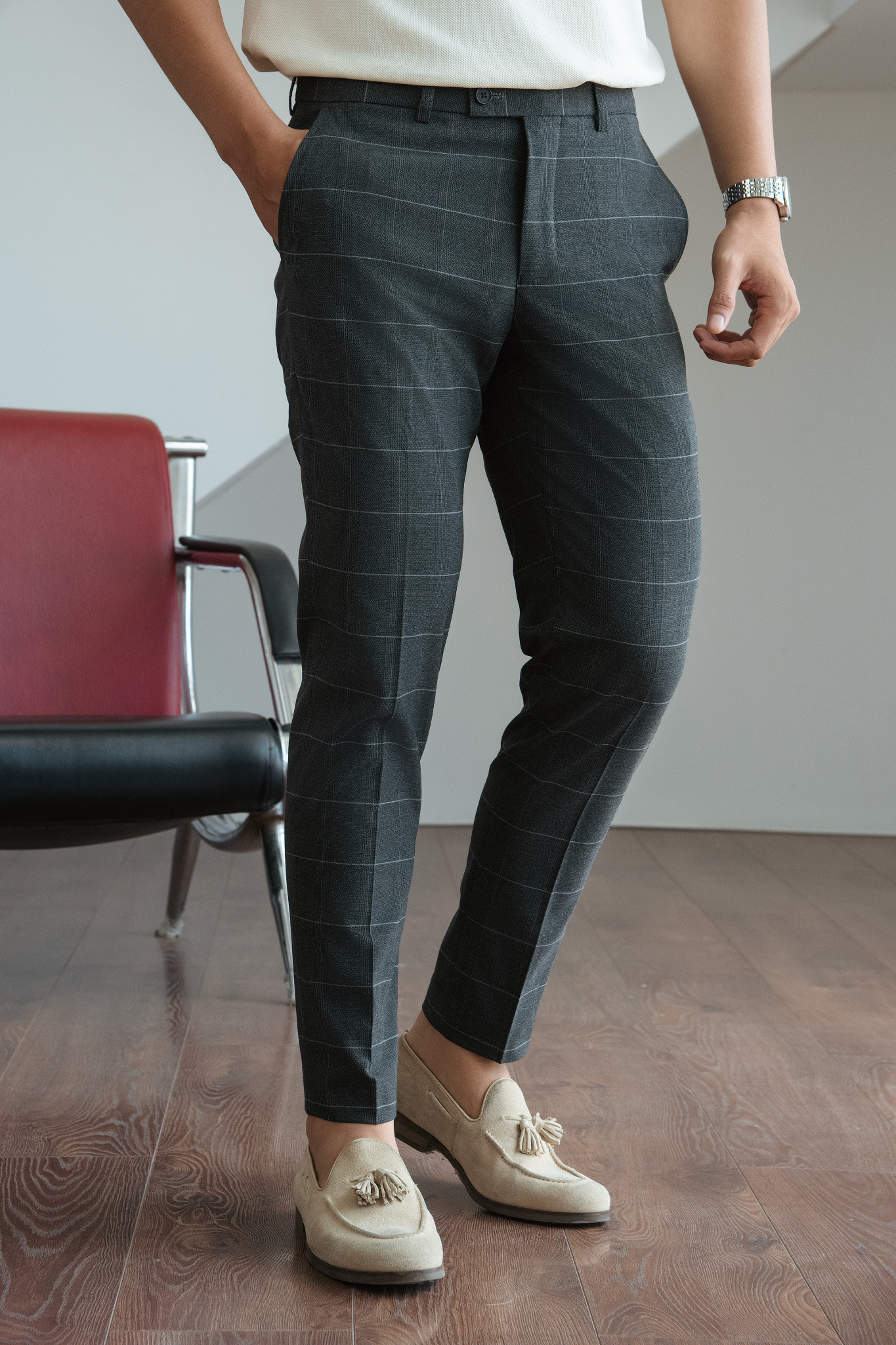  QUẦN TÂY NAM 099-2-SLIM FIT CARO XÁM ĐẬM 