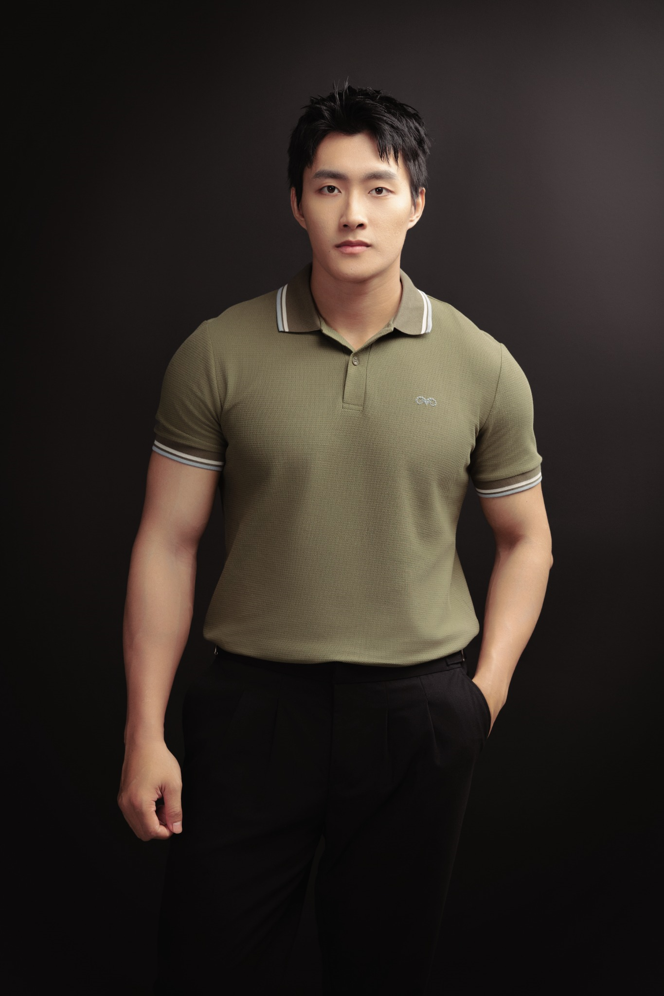  POLO NAM 6101-SLIM FIT RÊU VIỀN KEM BIỂN 