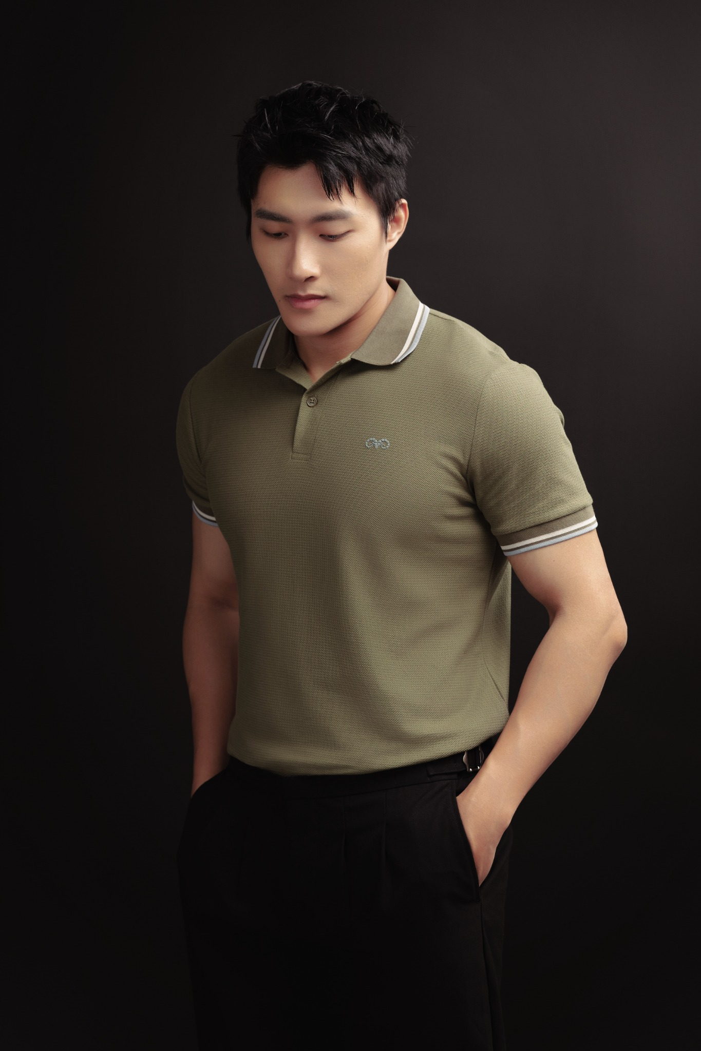  POLO NAM 6101-SLIM FIT RÊU VIỀN KEM BIỂN 