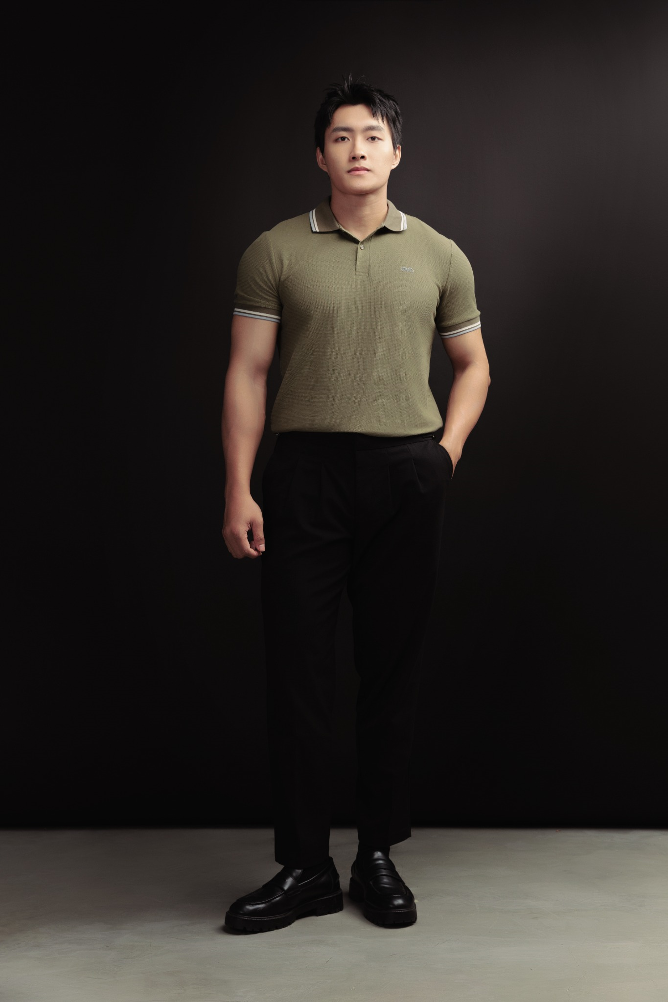  POLO NAM 6101-SLIM FIT RÊU VIỀN KEM BIỂN 