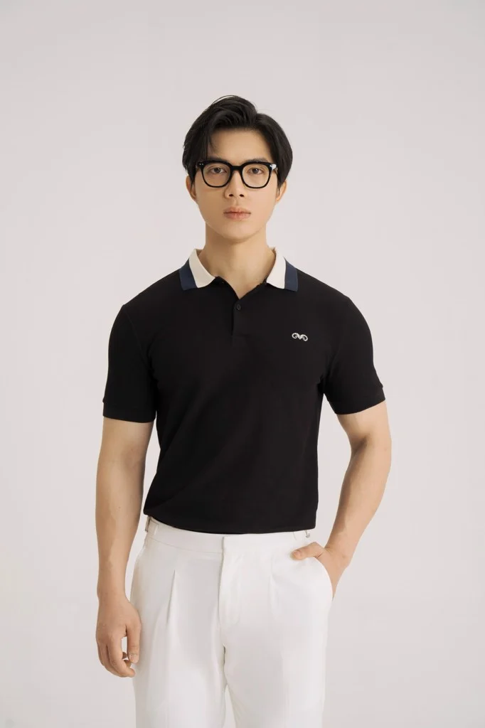  POLO NAM 88295-ĐEN CỔ KEM XANH 