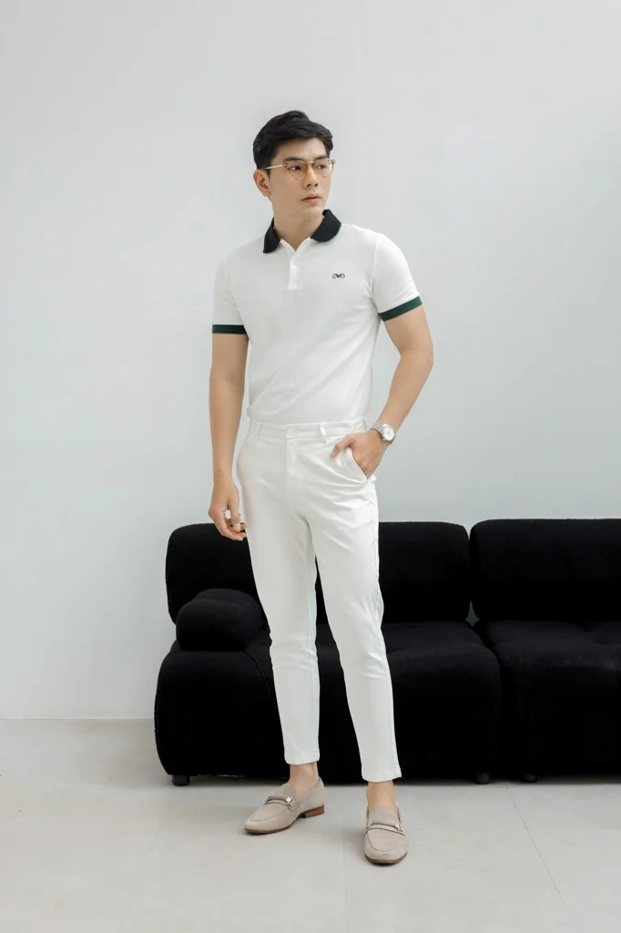  POLO NAM 8851-TRẮNG CỔ ĐEN TAY RÊU 
