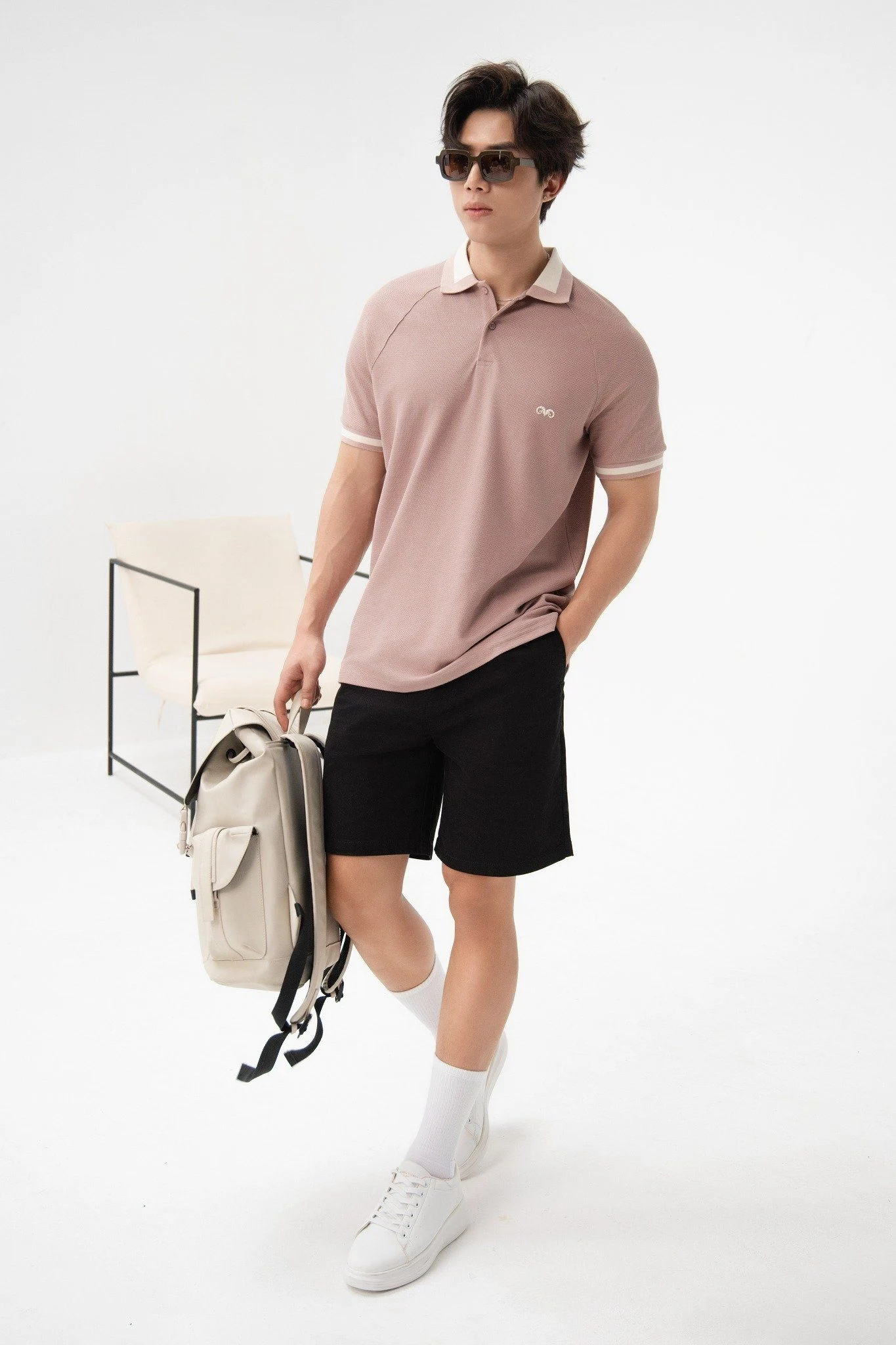  POLO NAM 8868-HỒNG-KEM CỔ TAY 