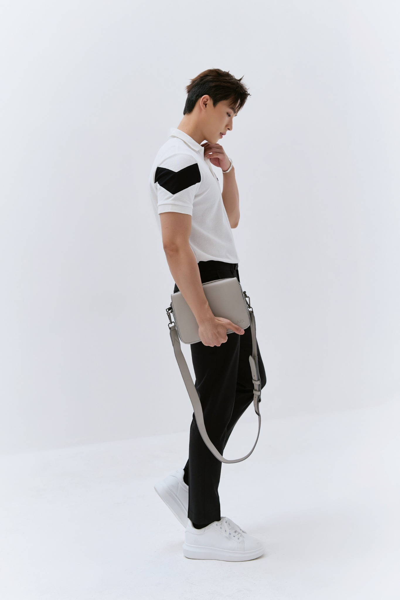  POLO NAM 8877-TRẮNG TAY XÉO ĐEN 