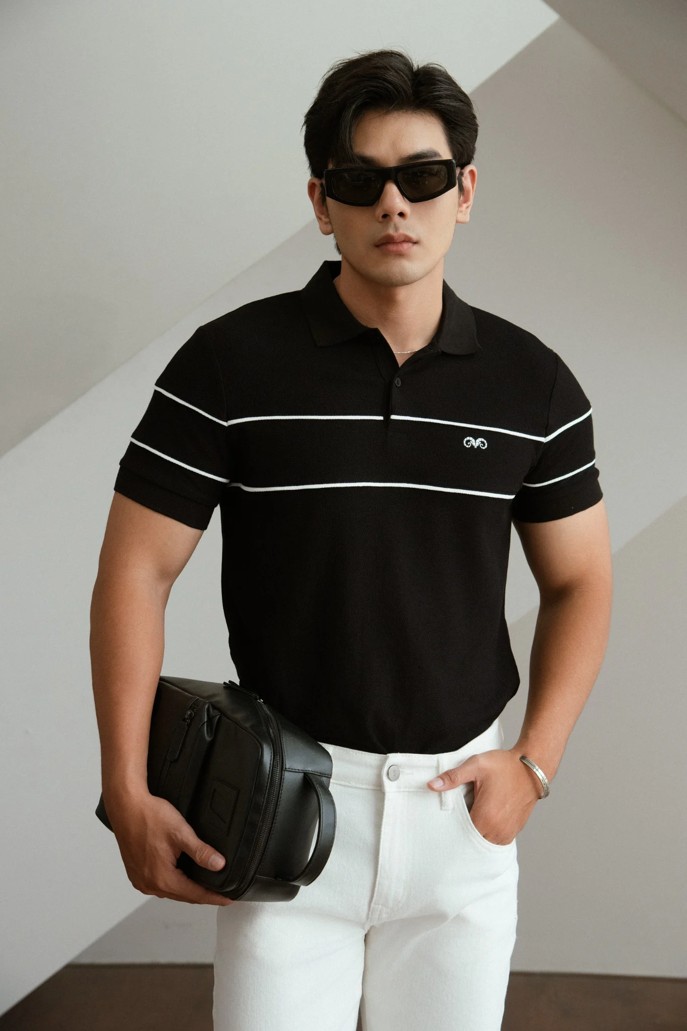 POLO NAM 8887-SLIM FIT ĐEN 2 SỌC NGỰC TRẮNG 