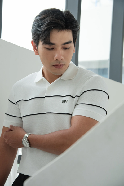  POLO NAM 8887-SLIM FIT TRẮNG 2 SỌC NGỰC ĐEN 