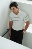  POLO NAM 8887-SLIM FIT TRẮNG 2 SỌC NGỰC ĐEN 