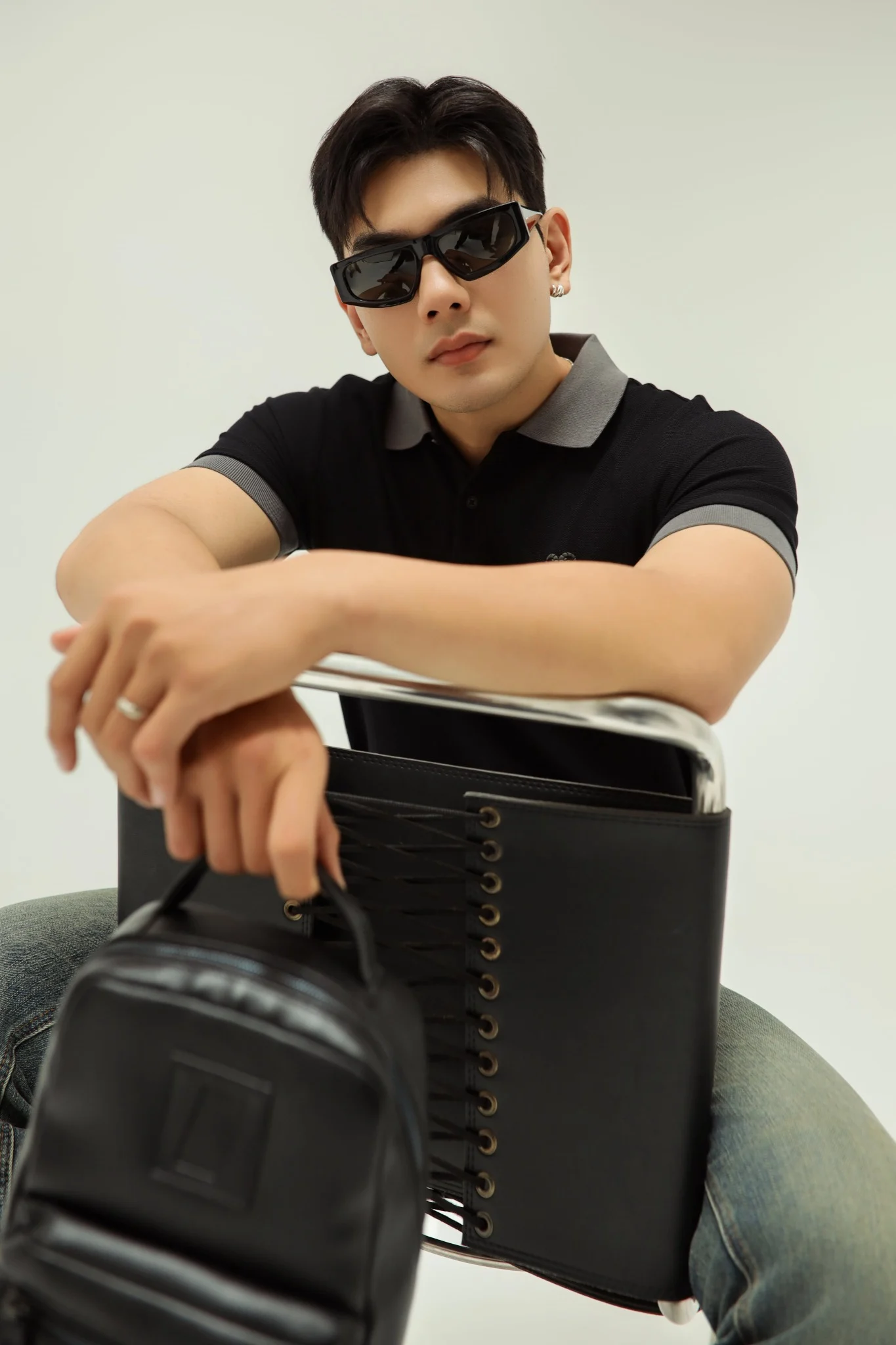  POLO NAM 8899-SLIM FIT ĐEN CỔ XÁM CHÌ 