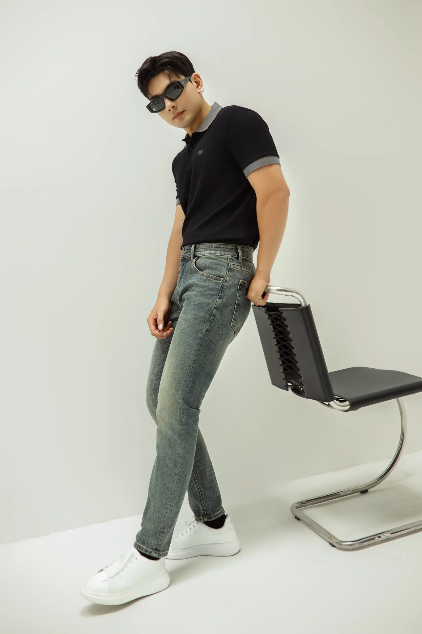  POLO NAM 8899-SLIM FIT ĐEN CỔ XÁM CHÌ 
