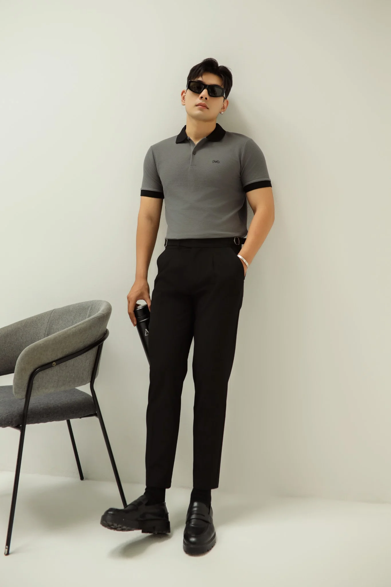  POLO NAM 8899-SLIM FIT XÁM CHÌ CỔ ĐEN 