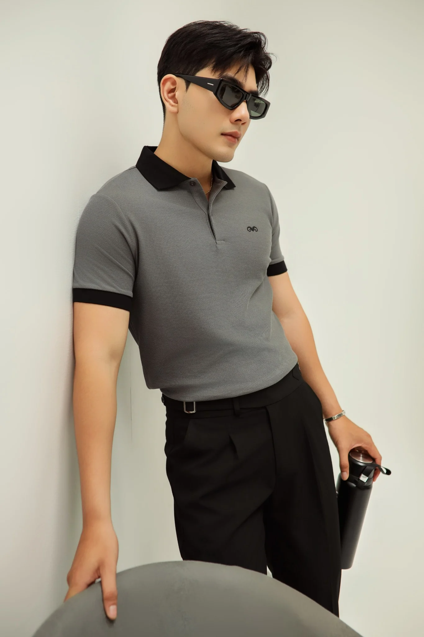  POLO NAM 8899-SLIM FIT XÁM CHÌ CỔ ĐEN 
