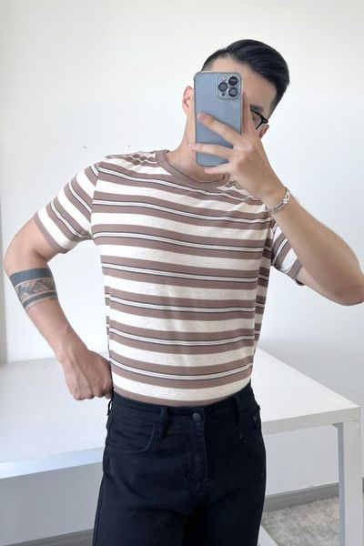  ÁO THUN NAM B169-SỌC NÂU KEM 