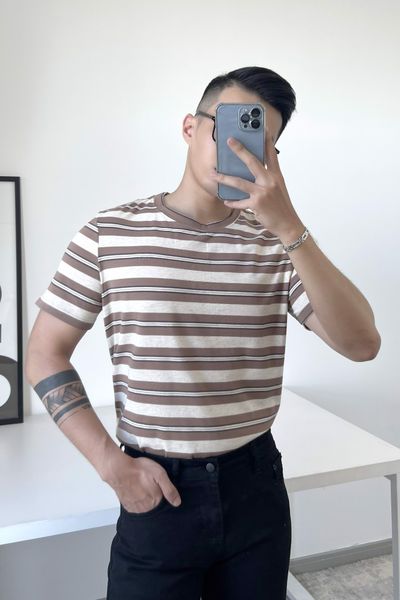  ÁO THUN NAM B169-SỌC NÂU KEM 