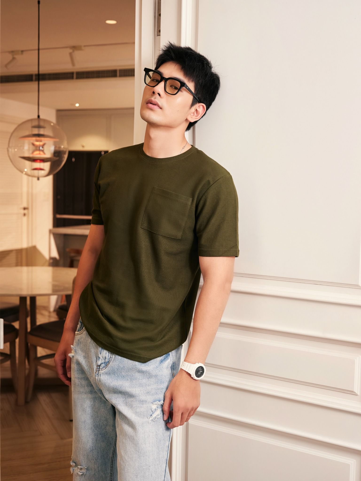  ÁO THUN NAM T663-REGULAR FIT RÊU ĐẬM CÓ TÚI 