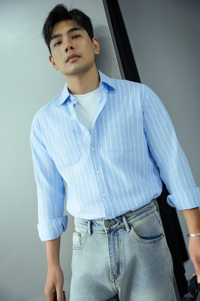  ÁO SOMI NAM H297-REGULAR SỌC XANH TRẮNG 