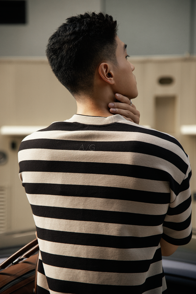  ÁO THUN NAM HT01-LOOSE FIT KEM ĐẬM SỌC ĐEN 