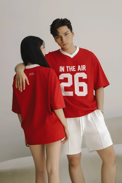  ÁO THUN NAM CỔ TIM HT06-LOOSE FIT TRẮNG IN ĐỎ 