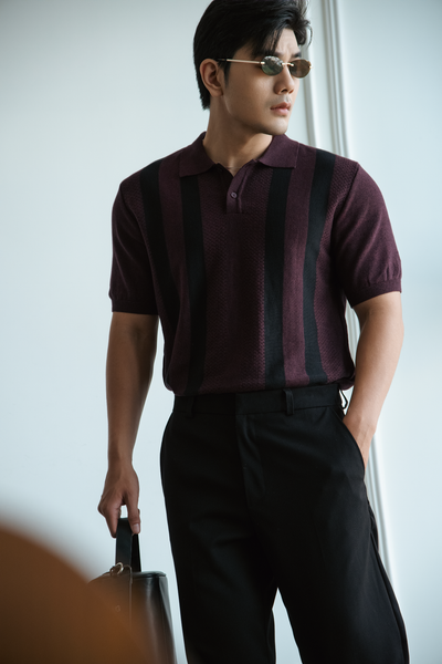  POLO NAM DỆT KIM N729-REGULAR FIT ĐỎ ĐÔ SỌC ĐEN 