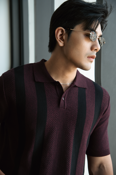  POLO NAM DỆT KIM N729-REGULAR FIT ĐỎ ĐÔ SỌC ĐEN 