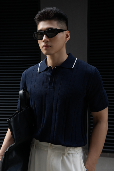  POLO NAM DỆT KIM N737-REGULAR FIT XANH ĐEN CỔ VIỀN TRẮNG 