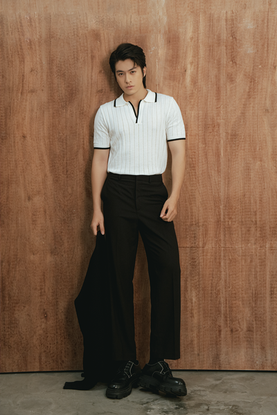  POLO NAM DỆT KIM N747-REGULAR FIT CỔ V TRẮNG VIỀN ĐEN 