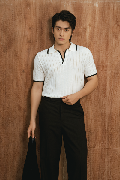  POLO NAM DỆT KIM N747-REGULAR FIT CỔ V TRẮNG VIỀN ĐEN 