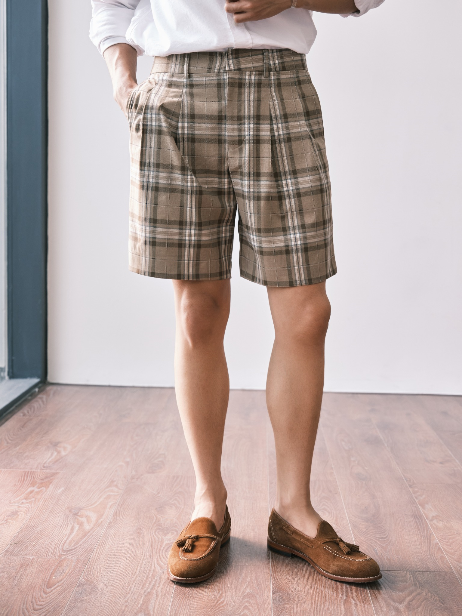  SHORT NAM P015-REGULAR FIT CARO NÂU ĐEN 