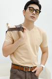  ÁO THUN NAM T077 CỔ TIM-KEM BE 