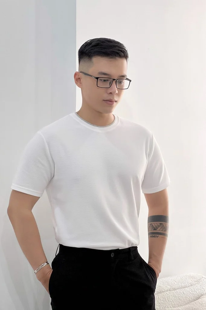  ÁO THUN NAM T672-TRẮNG BO XÁM 