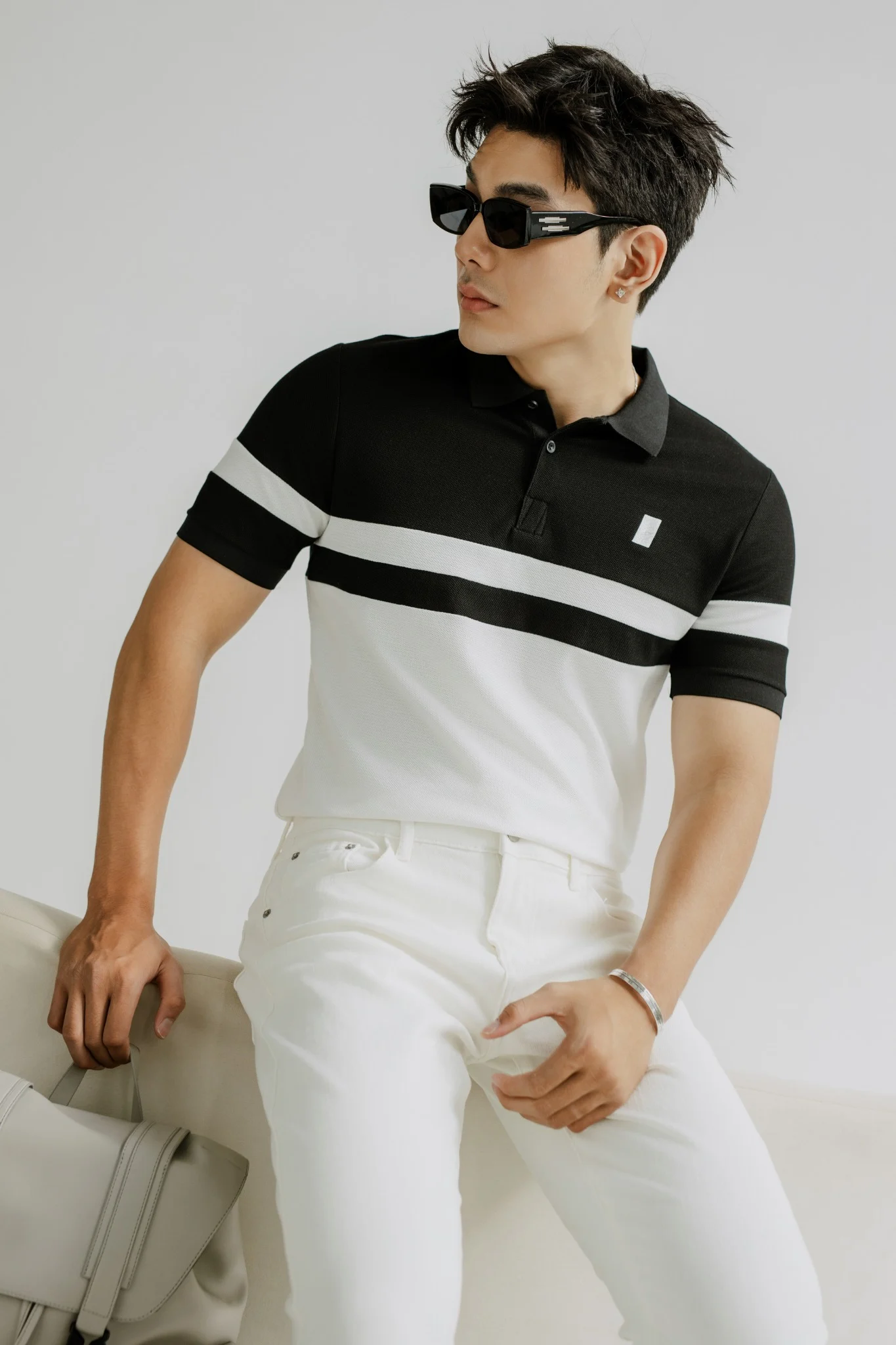  POLO NAM T8060-SLIM FIT ĐEN PHỐI TRẮNG 